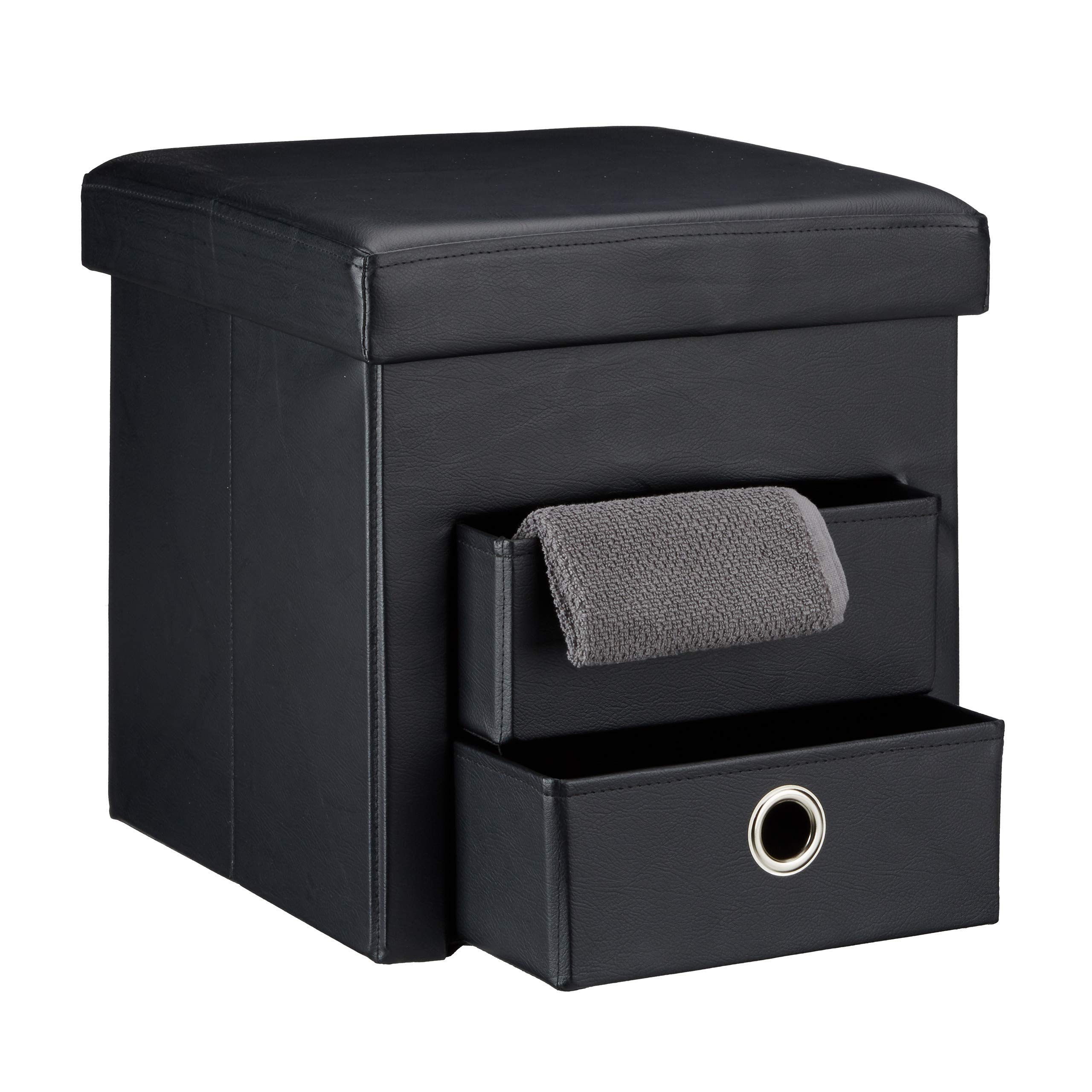 Relaxdays Folding Storage Ottoman with 2 Pull-Out Compartments Drawers, Footstool Total Size: 38 x 38 x 38 cm Faux Leather Seat Pouffe with Foldable Storage Space with Removable Box Stool, Black
