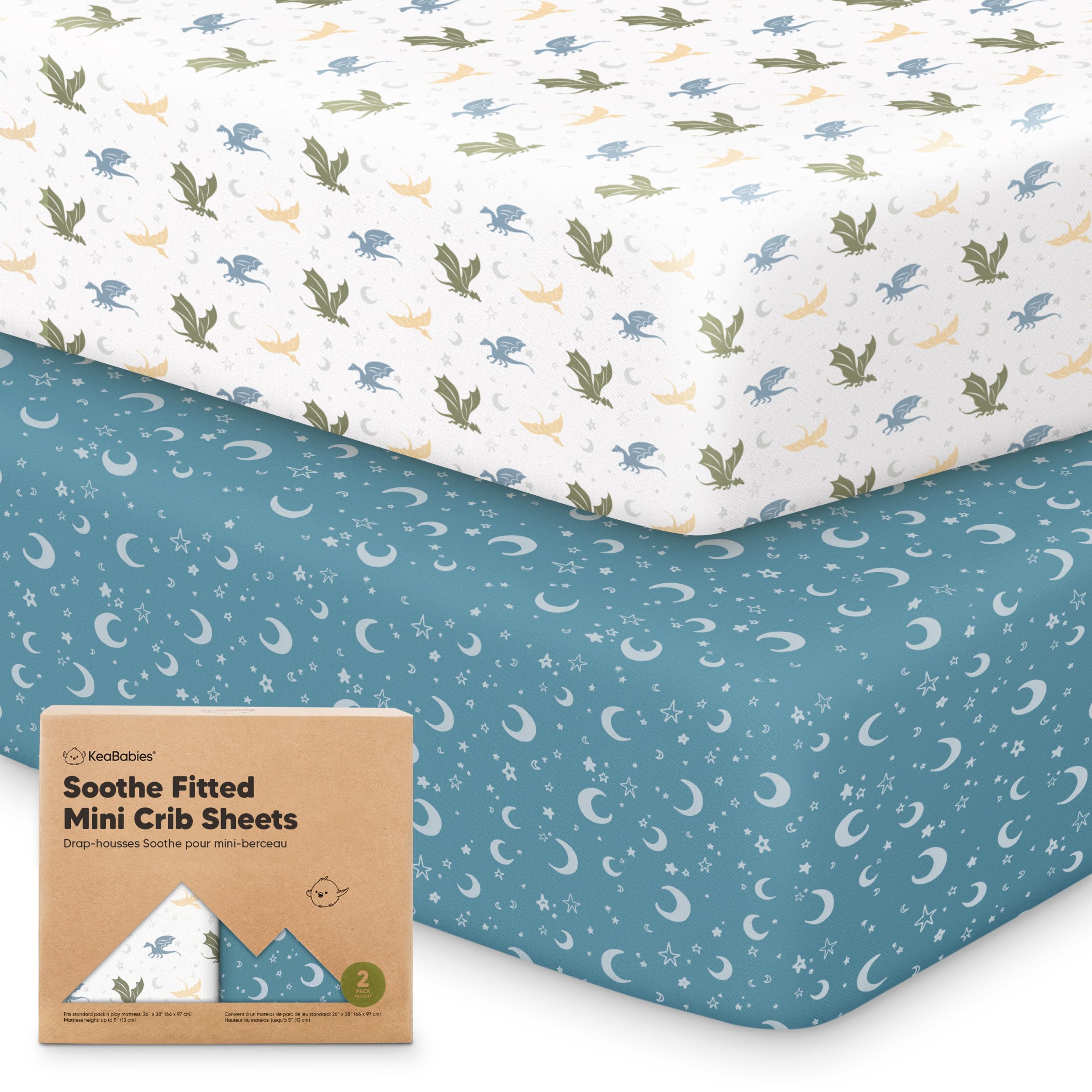 Photo 1 of 2-Pack Mini Crib Sheets Fitted - 38x26 Pack N Play Sheets for Pack and Play Mattress, Organic Cotton, Soft & Breathable Playard Bedding, Neutral Mini Toddler Bed Cover for Boys, Girls (Dragon Tale)