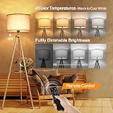 OUTON Solid Wood Tripod Floor Lamp with Storage Shelf and Remote view 2