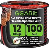 GEARit 12 Gauge Speaker Wire 100FT, 12/2 CCA Cable for Home Theater | Black 12 AWG Copper-Clad Aluminum Speaker Cable with Foot Markers, Red Polarity Tracer and Flexible PVC Jacket