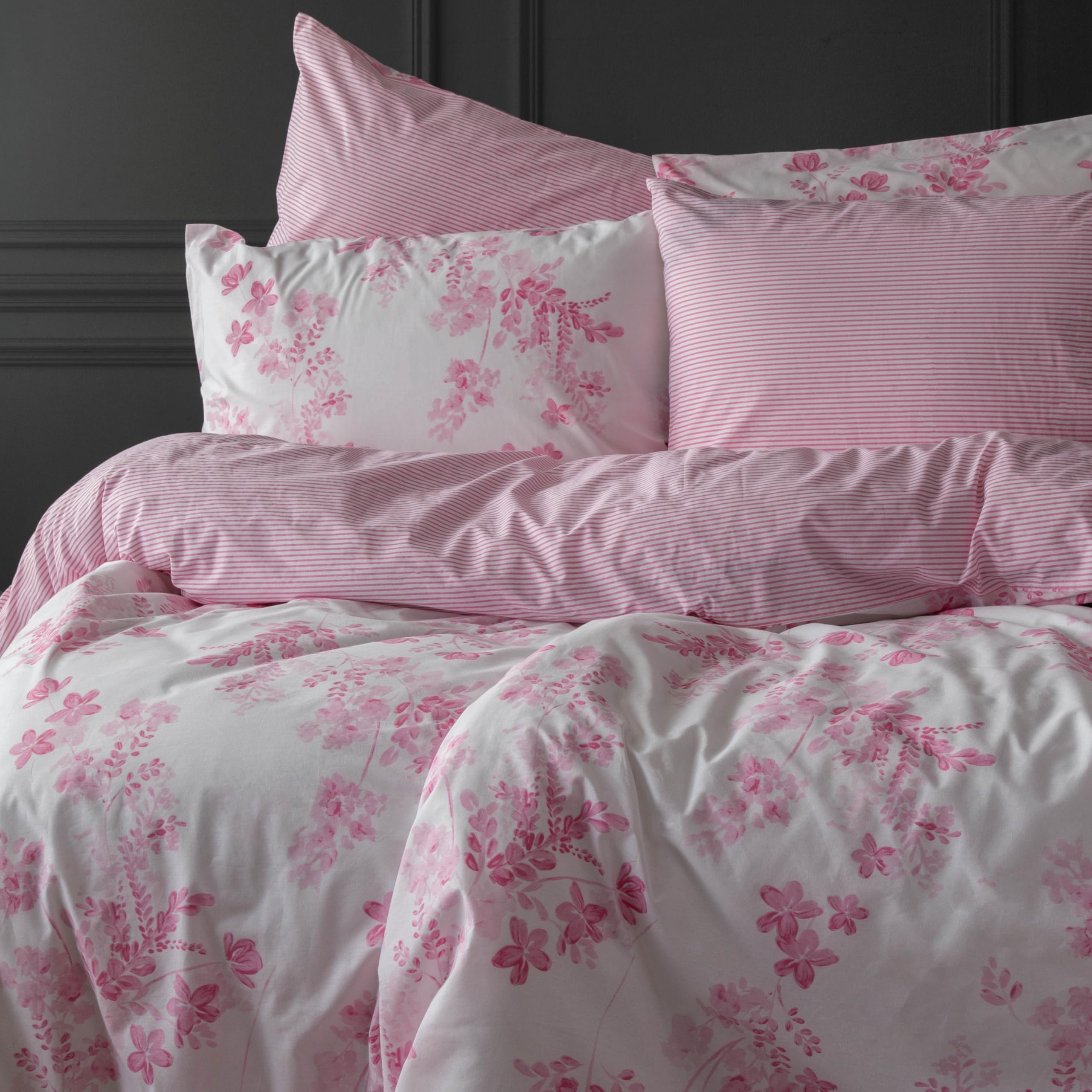 LERUUM Double Bed Duvet Cover Set Cotton Reversible Floral and Striped Pink Bedding Duvet Cover Sets White