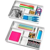 madesmart Classic 2 Piece Drawer Organizer, White | rounded corners, 12 compartments, open sections, cords tech accessories, office craft supplies, woman owned