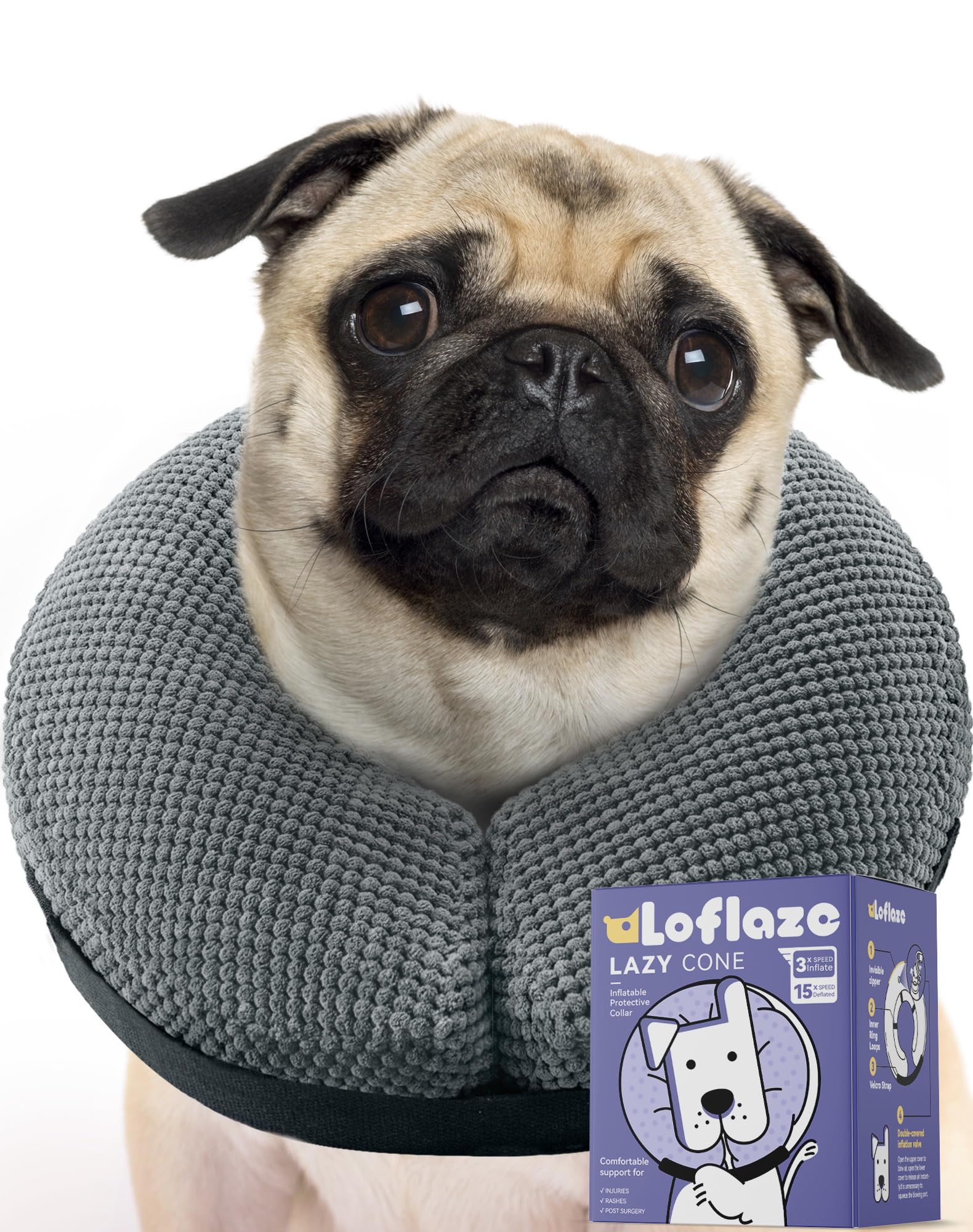Photo 1 of Loflaze Soft Inflatable Dog Cone Collar Alternative After Surgery - Dog Neck Donut E Collar for Large Medium Small Dogs Cats Post Surgery - Recovery Collar to Stop Licking - Grey, L
