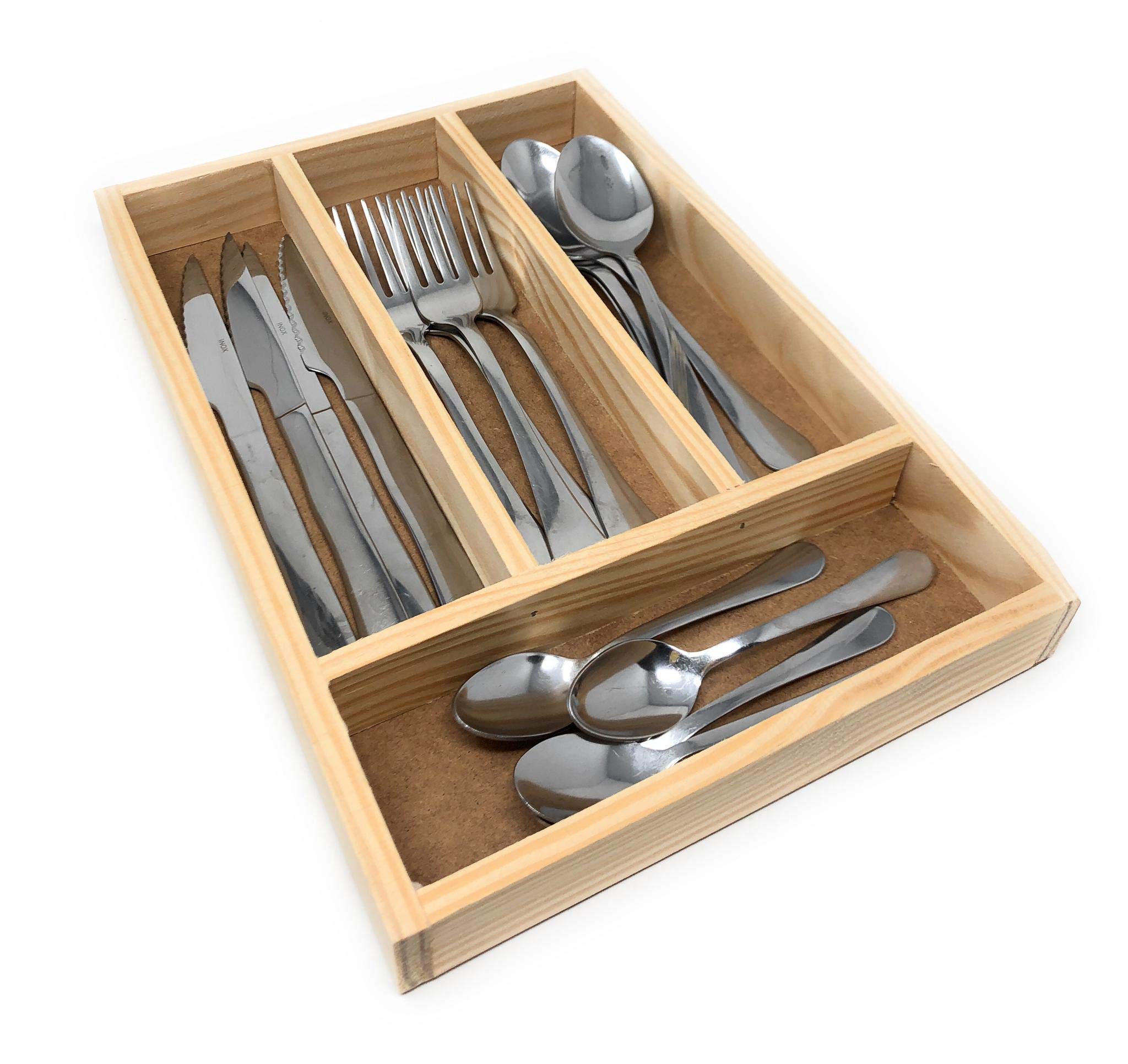 Space Home - Natural Wood Cutlery Drawer Tray - Cutlery Tray for Drawer - Drawer Divider - Wooden Organiser - 4 Compartments - 32 x 22 x 3.5 cm - Strong and Versatile