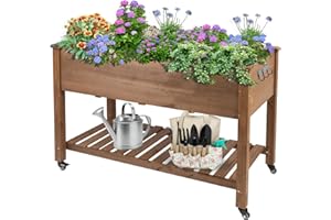 ketive Raised Garden Bed Outdoor, Mobile Elevated Wood Planter with Lockable Wheels, Storage Shelf, Protective Liner for Backyard, Patio, Balcony, Brown, 48x24x33in