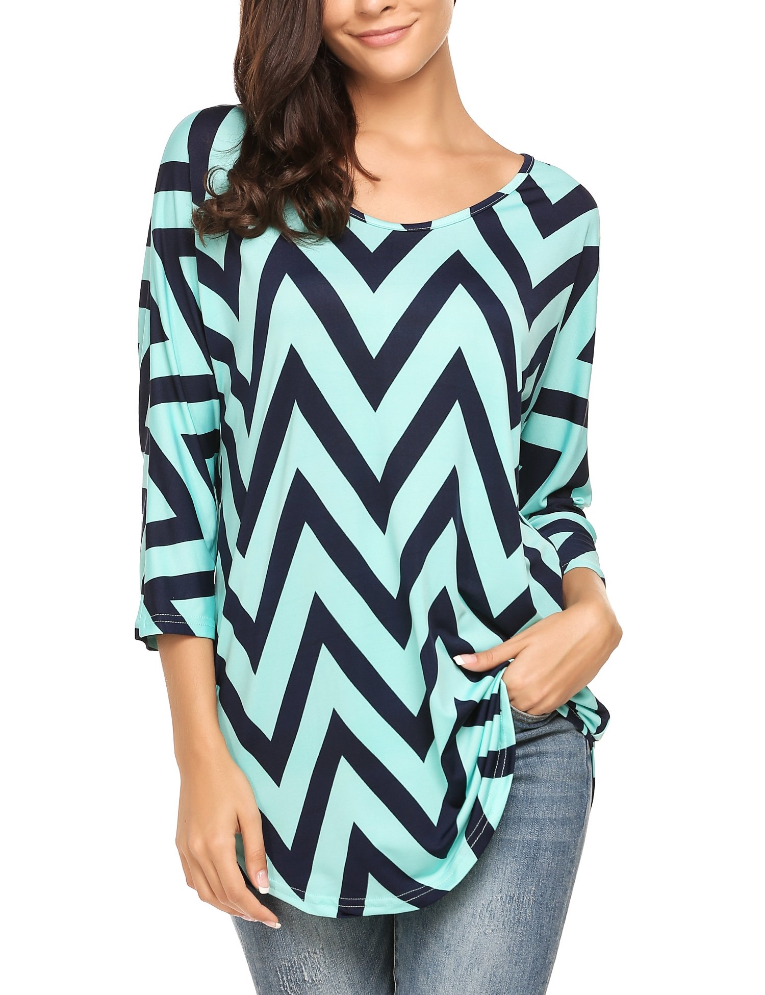 Zeagoo Women 3 4 Sleeve Multi Color Chevron Stripes Casual Blouse Shirt Tops Dark Blue M
