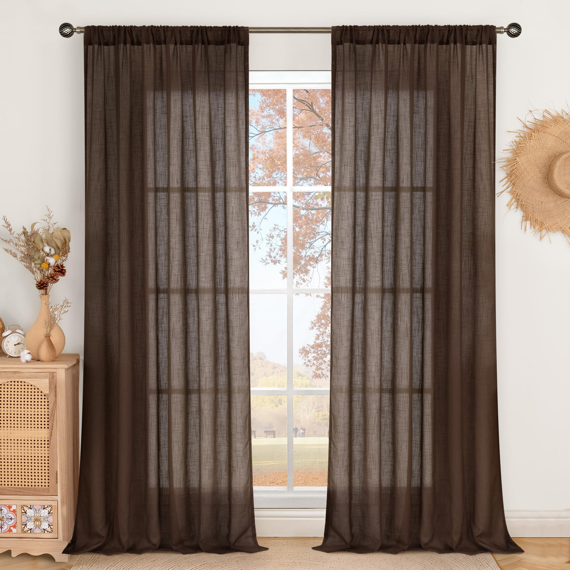 Photo 1 of BGment Linen Curtains 90 Inch Length for Living Room, Semi Sheer Brown Long Window Drapes Rustic Textured for Farmhouse Beroom Dining Room Decor Rod Pocket Lightweight, 2 Panels Set, Each 52 Inch Wide
