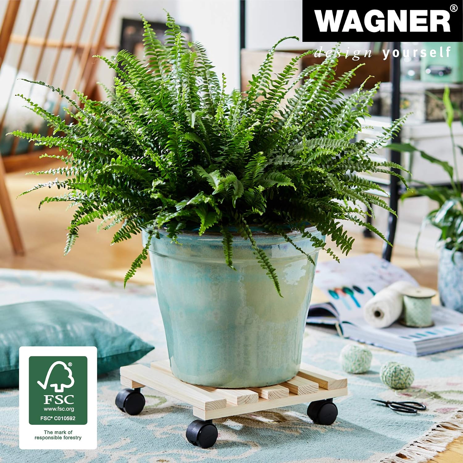 WAGNER Plant trolley PALETTI 29 x 29 x 8 cm I Flower trolley for indoor use I Container trolley made of FSC®-certificated solid wood - Image 3