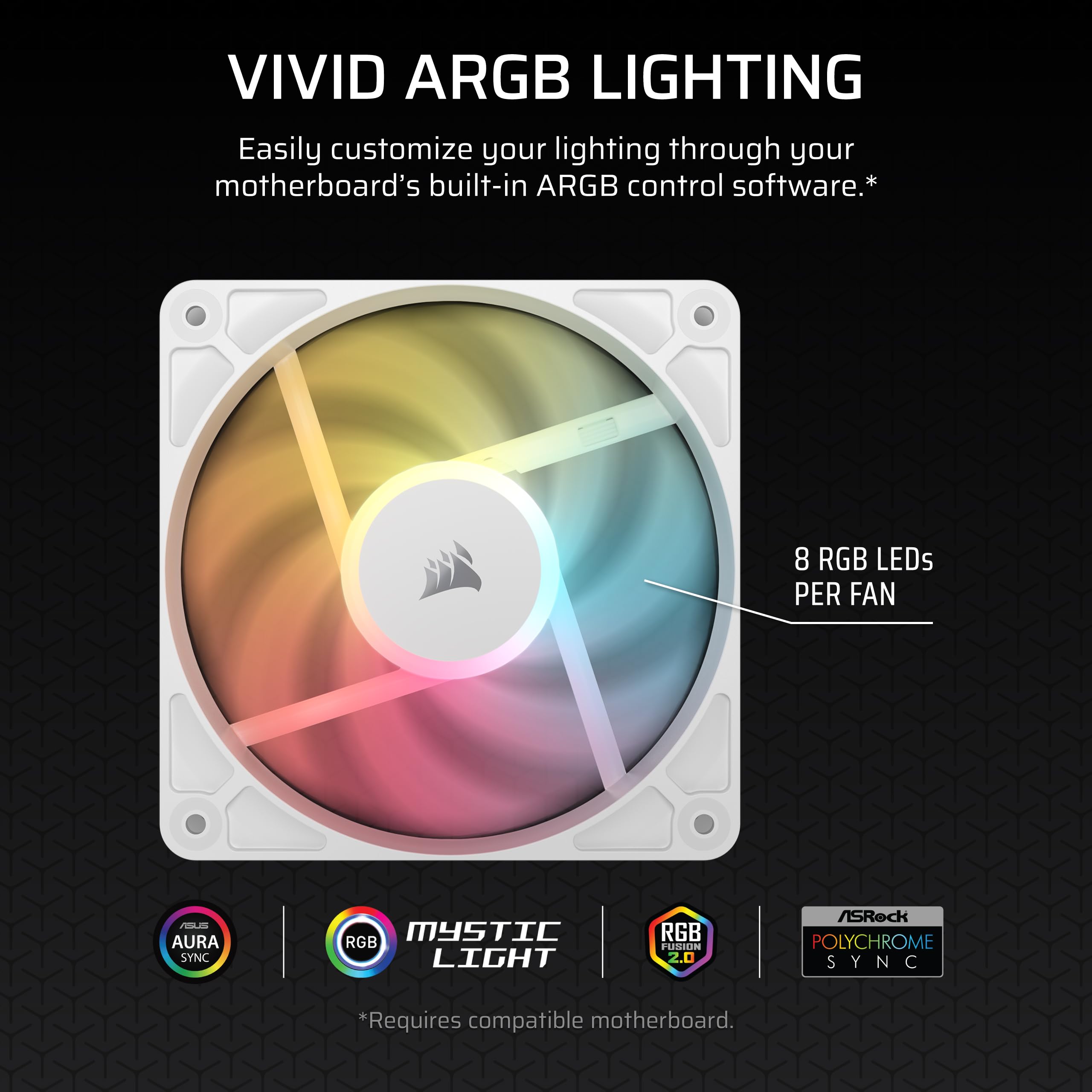 Corsair RS120-R ARGB 120mm PWM ARGB Reverse Fans – Reverse Rotor, +5V ARGB Connections, Eight RGB LEDs, High Static Pressure, Daisy-Chain, Magnetic Dome Bearing, Zero RPM Mode – Triple Pack – White