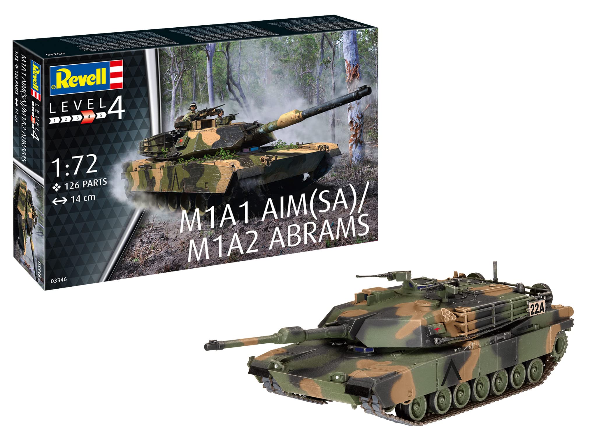 Revell Kit de modélisme Militaire I M1A2 Abrams I Échelle 1:72 I Niveau 4 Kit de Construction I Nombre de pièces 126 I à partir de 12 ans I Pour Enfants et adultes I Chaîne moulée par Injection avec