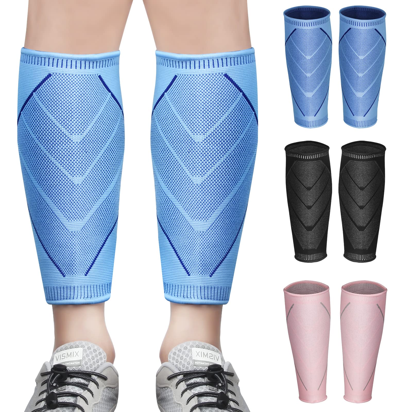 Calf Compression Sleeves for Women & Men 2 Pack Elastic Calf Support Footless Socks Ventilation Calf Brace for Pain Relief, Sports Recovery, Cycling, Travelling, Gym Calf Guards (Blue, L)