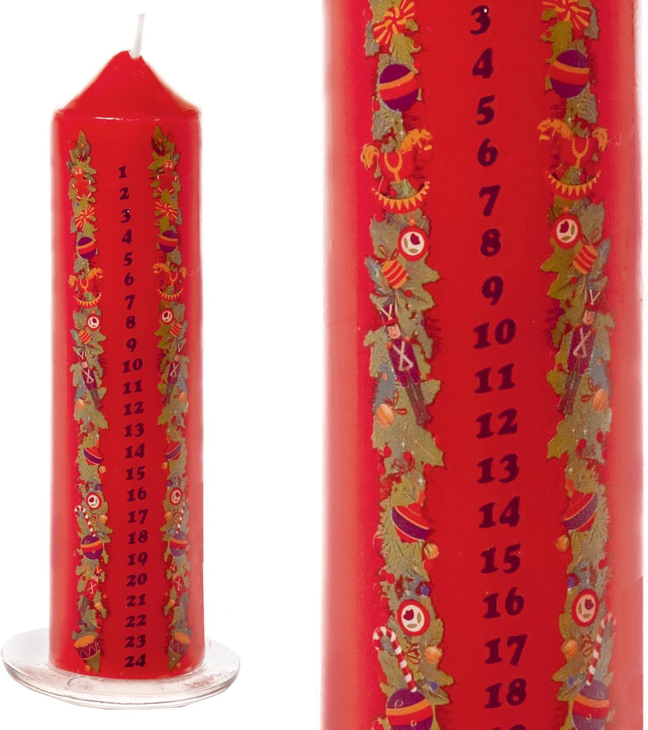 Premier 20cm Christmas Advent Candle with Pictures on Glass Tray Red