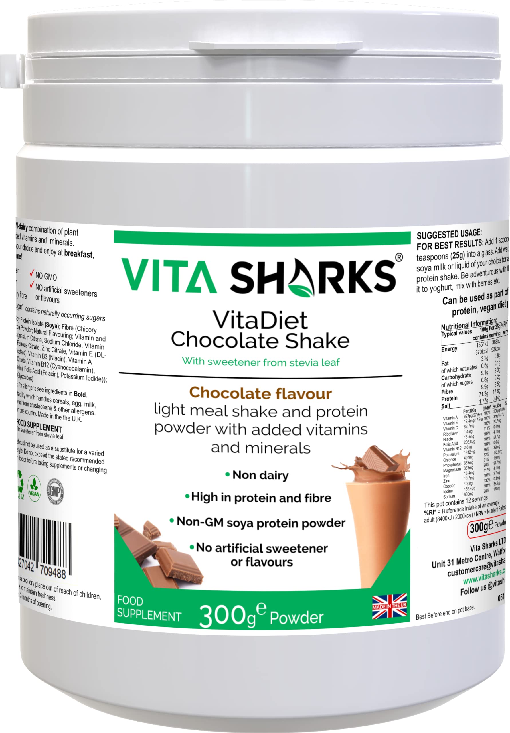 VitaDiet Chocolate Shake: Vegan Protein & Fiber Powder for Weight Management & Energy Support - Gluten & Dairy-Free