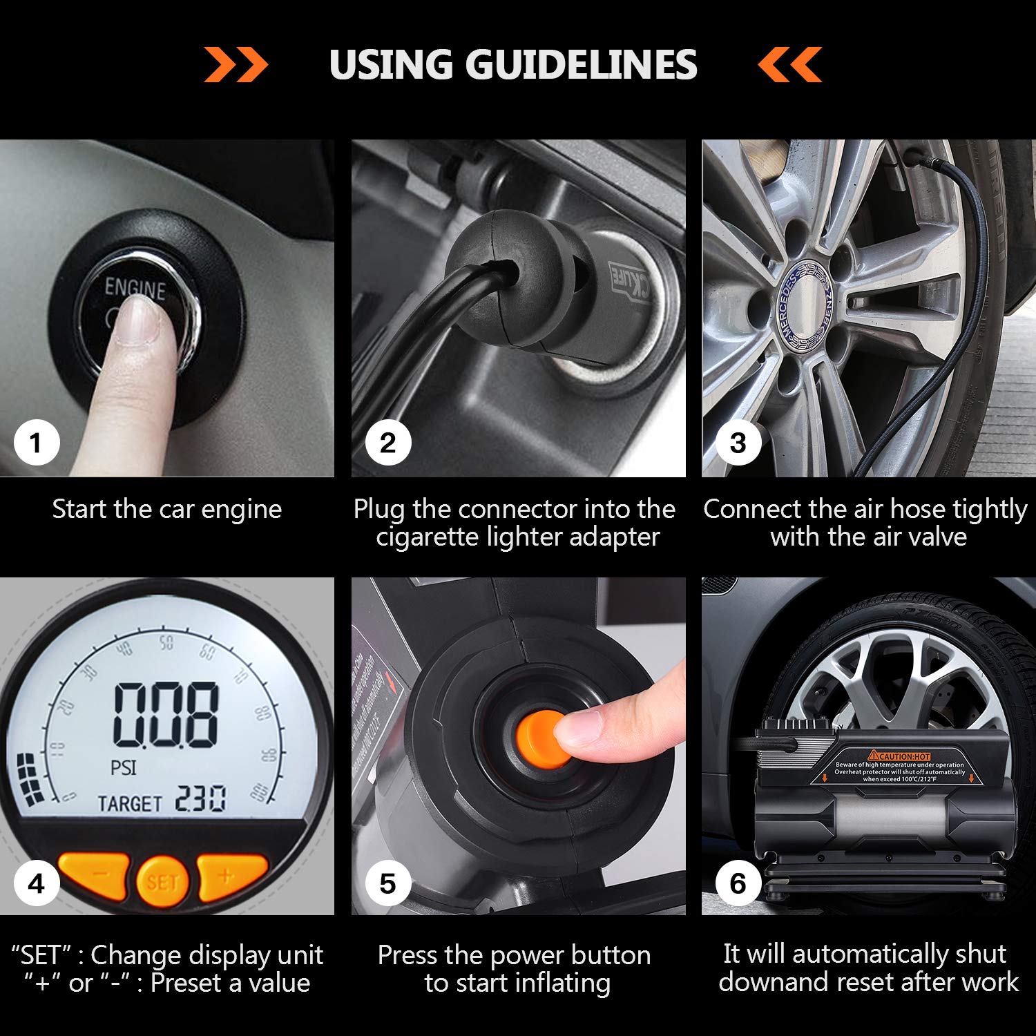 TACKLIFE Black&Orange ACP1C Portable, DC 12V 150PSI Air Compressor Pump