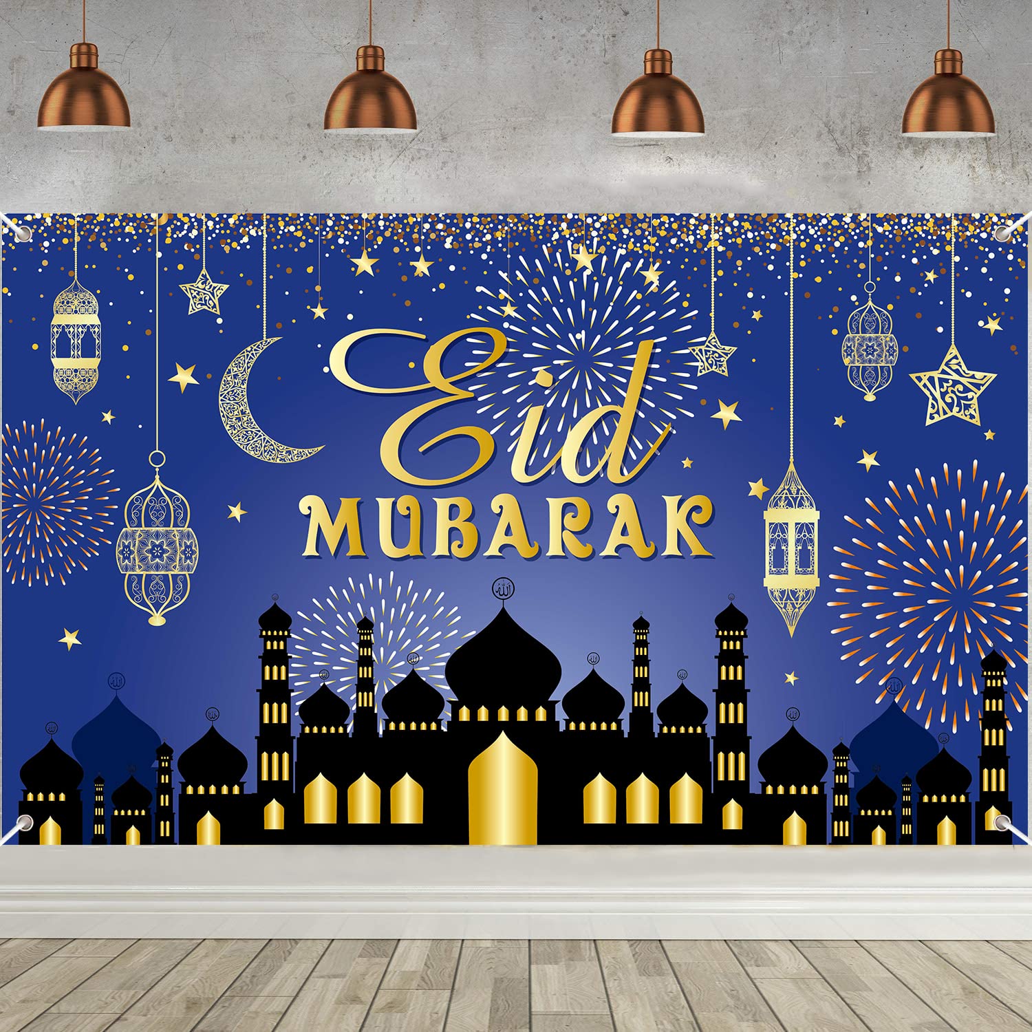 Large Eid Mubarak Background Banner, Blue and Gold Ramadan Mubarak Party Decorations, Muslim Ramadan Fabric Banner for Muslim Ramadan Party Supplies Garden Table Wall Indoor and Outdoor Home Decor