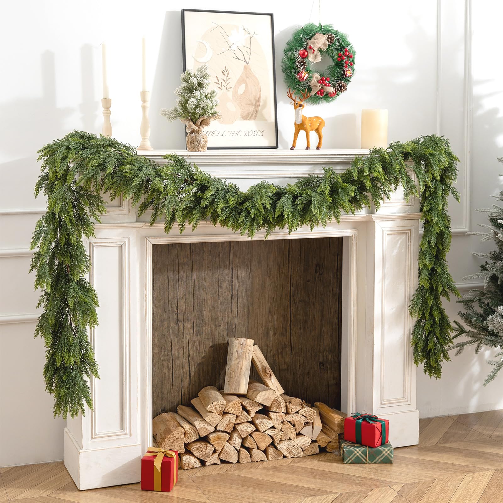 Photo 1 of 2PC 6FT Cedar Garland for Christmas Decoration-Realistic Faux Green Garlands for Mantle-Lush Artificial Greenery for Winter Mantle Fireplace Indoor Home Decor
