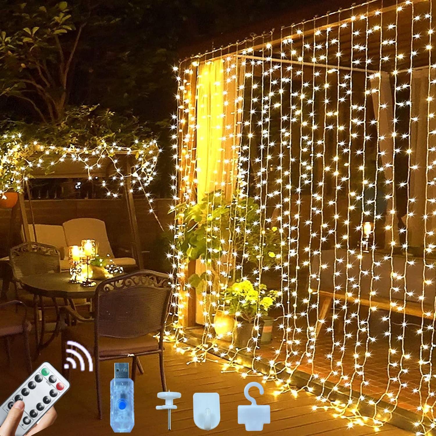Jonurphy Light Curtain, Upgrade, 3x3 m, 300 LEDs, USB Fairy Lights, Curtain, 8 Modes with 10 Hooks, Remote Control and Timer, Fairy Lights Curtain for Christmas, Wall, Indoor, Outdoor Decoration