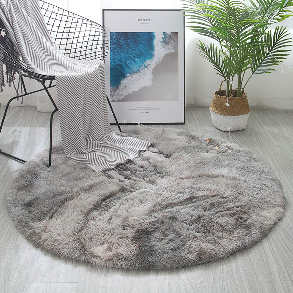 Tinyboy-hbq Round Area Rugs Fluffy Bedroom Rug Shaggy Bedroom Bedside Household Carpet Soft Modern Plush Carpets Suitable for Home Decor(Grey white, Diameter 140cm)
