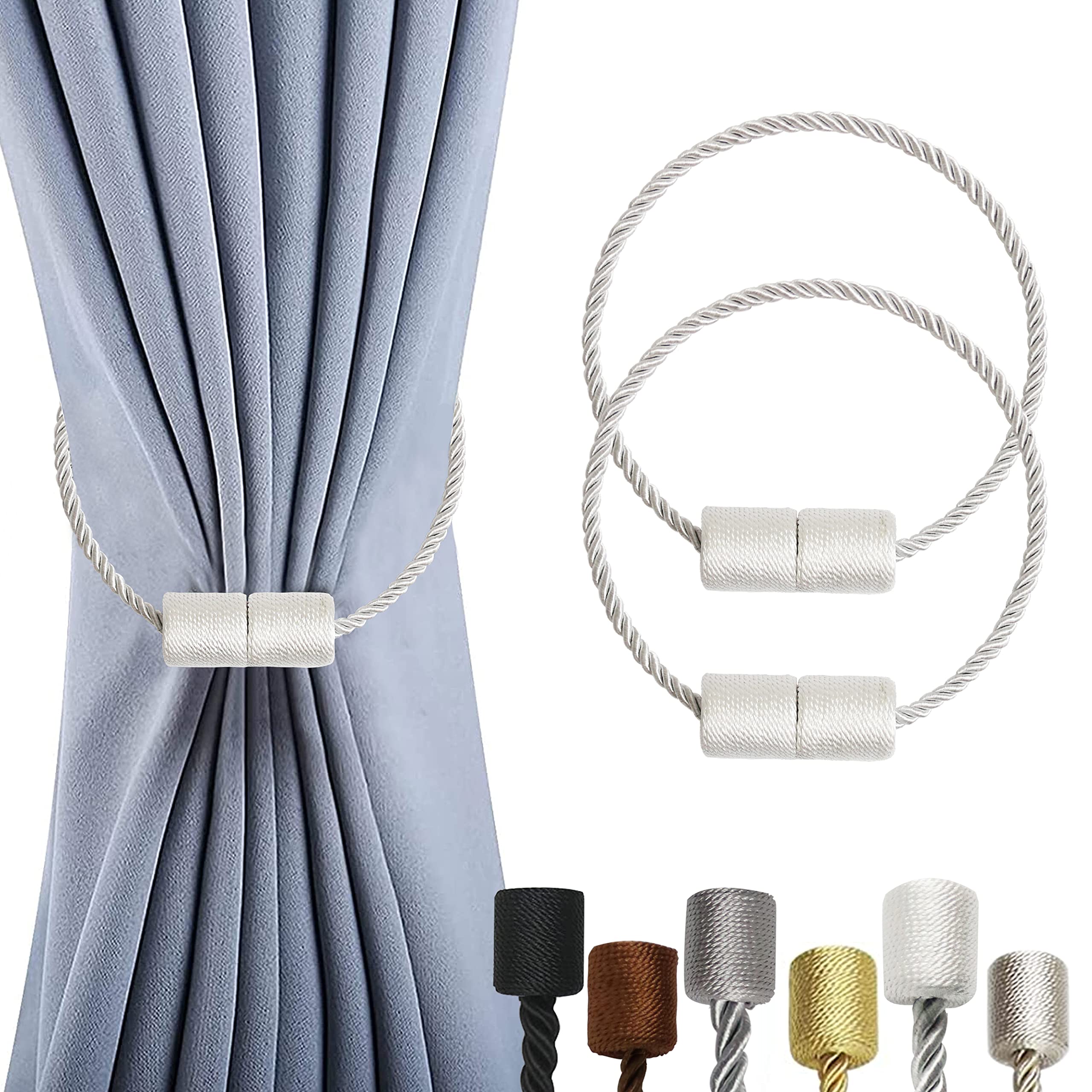 OCIOLI 2 Pack Magnetic Curtain Tiebacks Curtain Holdbacks Curtain Tiebacks Curtain Ties with Thicker Twist Rope & Strong Magnet Tie Backs for Curtains (White, 2)