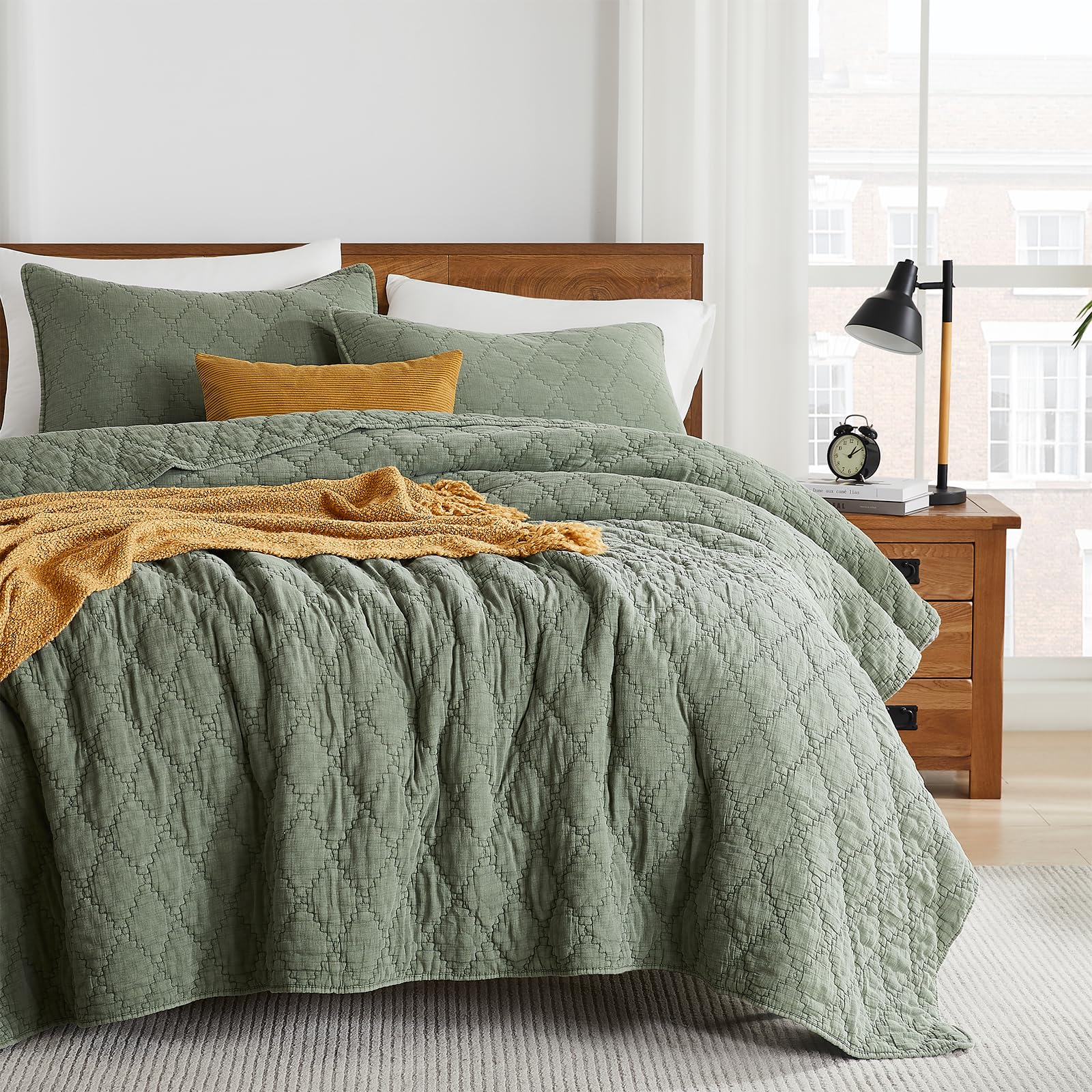 Photo 1 of palassio Olive Green Queen Size Quilt Set, Muslin Cotton Shell Down-Alt Poly Filling, Soft Shabby Chic Rustic Farmhouse Country Bedspread, Textured Gauze Coverlet, Lightweight Bedding, 2 Shams