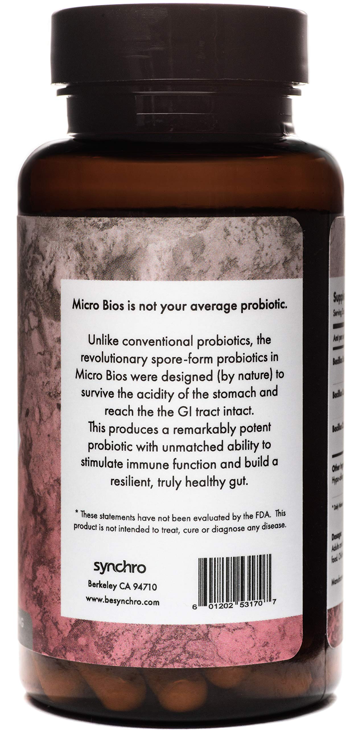 Synchro Micro•Bios - Medical-Grade Spore-Form Probiotic - Bacillus Subtilus (HU58), Coagulans and Clausii - Powerful Immune Health + GI Support - 60 Capsules