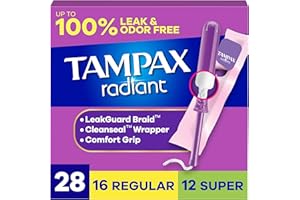 Tampax Radiant Tampons Multipack, with LeakGuard Braid, Regular/Super Absorbency, Up to 100% Leak and Odor Free Protection, U