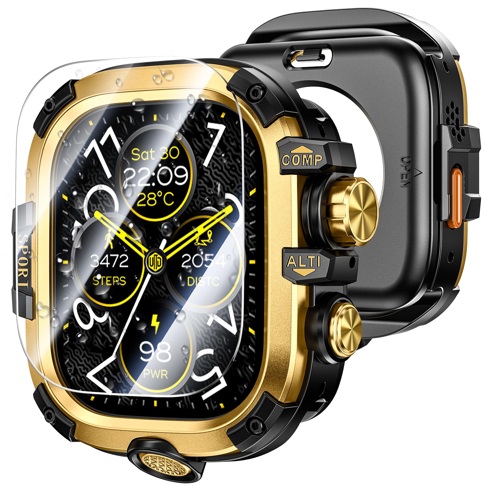 Photo 1 of 3 in 1 Goton Metal PC Case for Apple Watch Screen Protector 49mm, 360° Protective Rugged Tempered Glass Waterproof Face Cover Bumper for Apple Watch Ultra 3/Ultra 2/Ultra, 49mm Gold