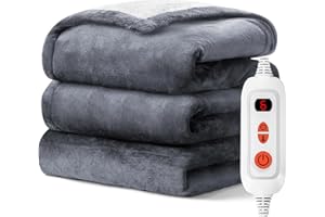 Mlivrom Electric Heated Throw Blanket with 6 Heating Levels & 1-3 hrs Timer Auto-Off,Fast Heating Fleece Warm Bedding Blanket for Whole Body,ETL Certification,Machine Washable (Grey+White, 50''×60'')