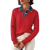 SAUKOLE Sweaters for Women Denim Lapel V Neck Buttons Closure Casual Long Sleeve Cable Knit Loose Pullover Sweater