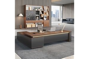 Nuipesn 79" Executive Office Desk with LED & Outlets, Modern L-Shaped Computer Workstation with Lockable Cabinet, Red Walnut & Black Business Furniture for Manager