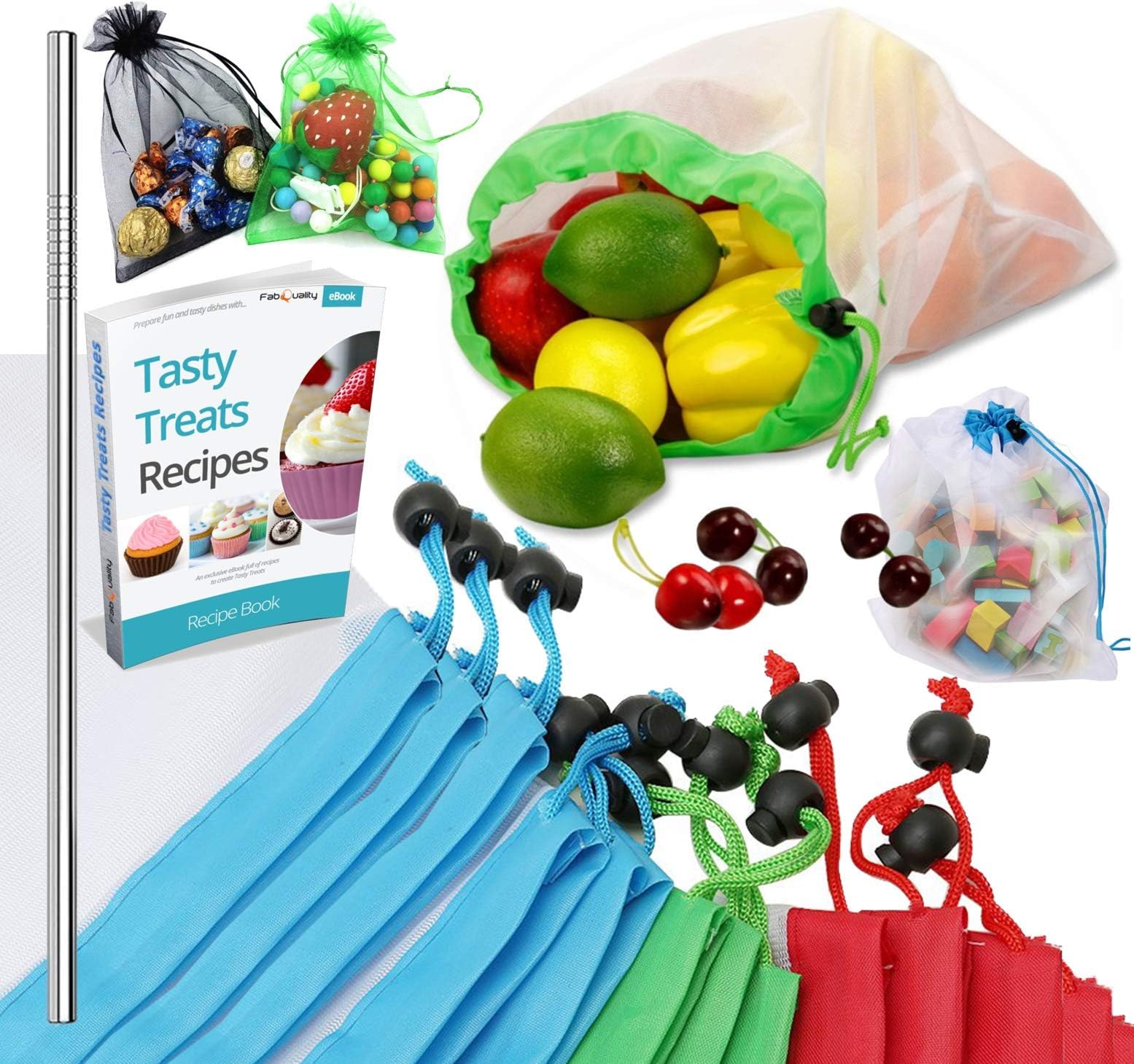 Reusable Produce Bags, 15PCS -12 Washable Mesh Bag, 2 Mini Bag, 1 Metal Straw, Toy Fruit Vegetable Produce Bags with Drawstrings for Home Shopping Grocery - 3 Various Sizes
