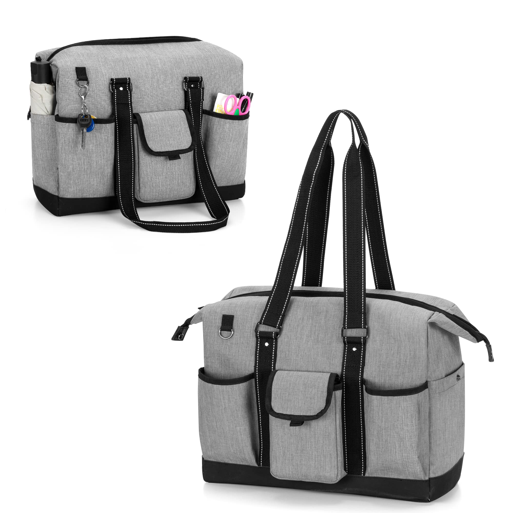 Damero Teacher Laptop Tote, Teacher Utility Tote Bag with Multiple Pocket, Teacher Travel Bag School Bag with Zip-Top Closure and Side Fasten Snaps, Grey