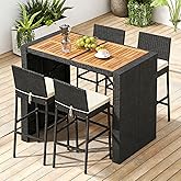 COSTWAY 5 Piece Patio Bar Set, Outdoor Rattan Wicker Bar Table and 30'' High Top Chairs Set with Acacia Wood Tabletop and Cushions for Poolside, Backyard