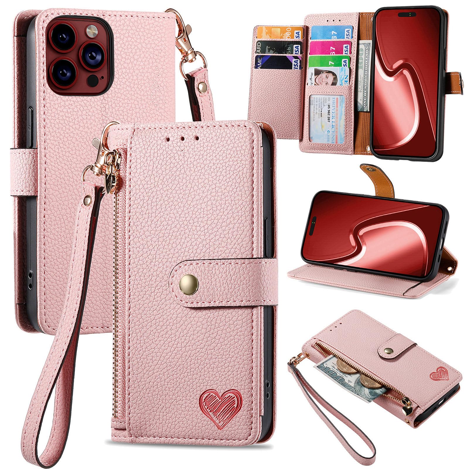 VEEMOS Zipper Wallet Case for Apple iPhone 15 Pro Max Phone Case with Purse Card Holders RFID Blocking Leather Flip Case Book Cover Wrist Strap Women - Pink