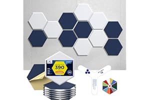 Dexmoko Self-Adhesive Acoustic Panels [390 lbs/yd³ Ultra-High Density], 2nd Generation Sound Absorbing Panel, Professional Level Sound Panel, Polyester Soundproof Foam [Size M, White & Dark Blue]