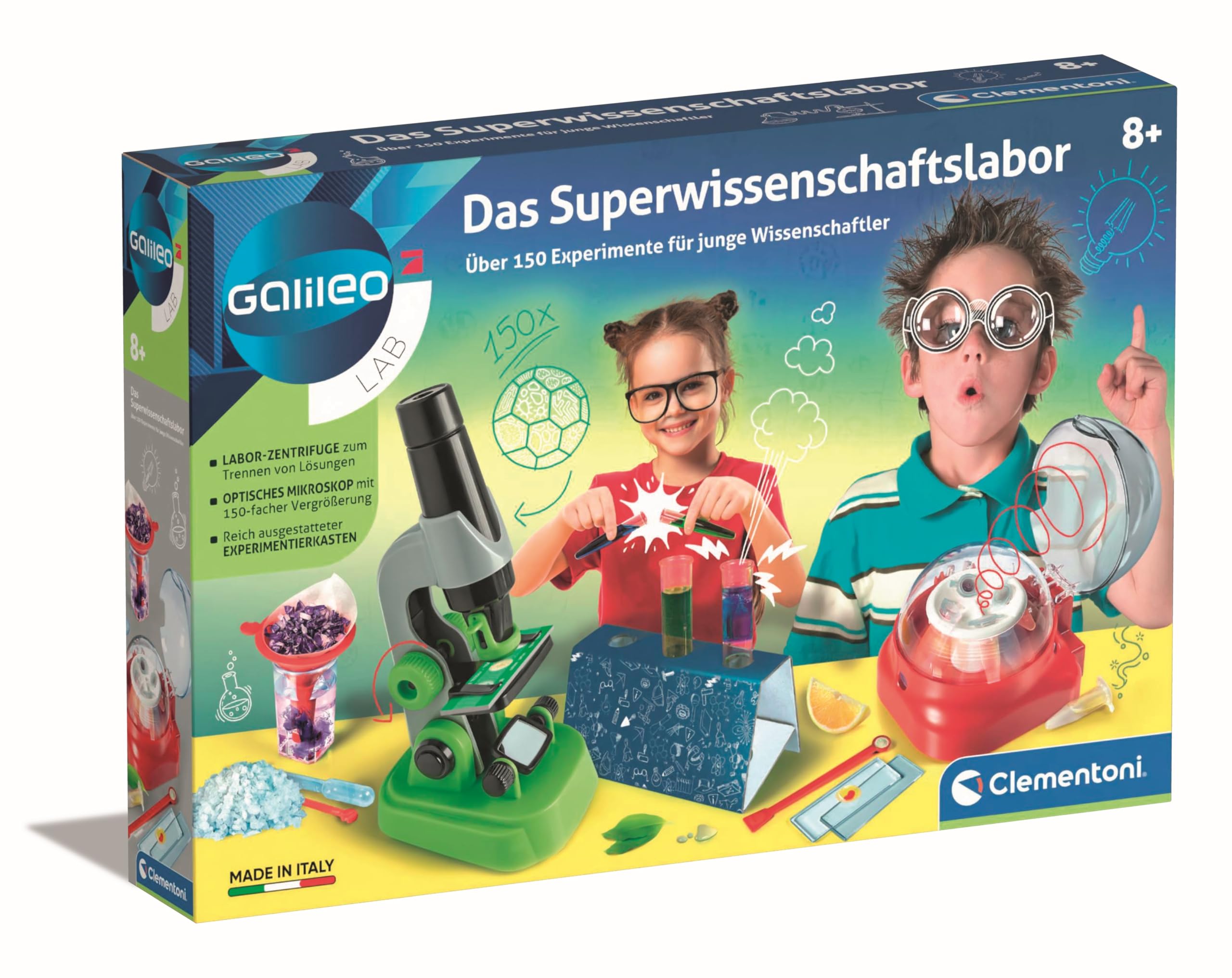 Clementoni Galileo Lab - The Super Science Laboratory, 150 Exciting Trials for Home, Laboratory with Microscope & Centrifuge, Toy for Children from 8 Years 59083