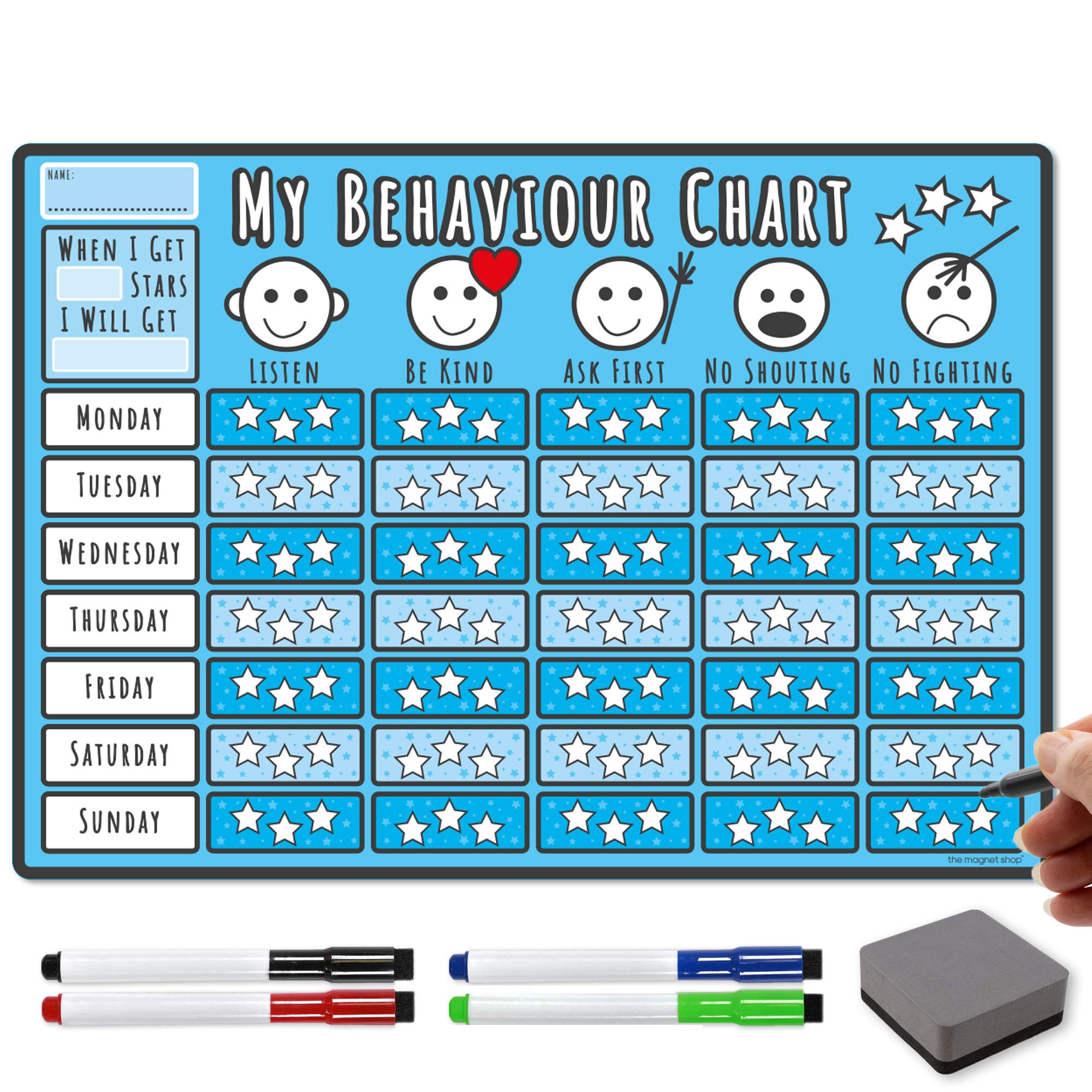 TMS Behaviour Chart for Children A3 | Magnetic Star Chart for Inspiring Good Behaviour in Toddlers and Kids, Boys and Girls | with 4 Magnetic Coloured Dry Wipe Pens! (Blue, Star Chart) — image 1