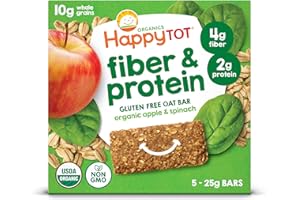 HAPPYTOT Organics Fiber & Protein Soft-Baked Oat Bars Toddler Snack Apple & Spinach, 0.88 Ounce Bars, 5 Count Box (Pack of 6)
