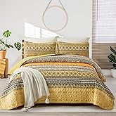 WONGS BEDDING Boho Queen Quilt Set, Yellow Orange Bohemian Queen Quilt Bedding Set, Lightweight Microfiber Bed Decor Bedspread for All Season 96"x90"(3 Pieces)