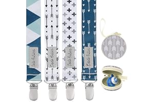 Dodo Babies Pacifier Clip Set - Universal Holder & Pacifier Holder - Detachable Binky Case & Binky Clip - Durable Polyester Straps - 5-Piece Set, Blue/White/Grey Geo Prints