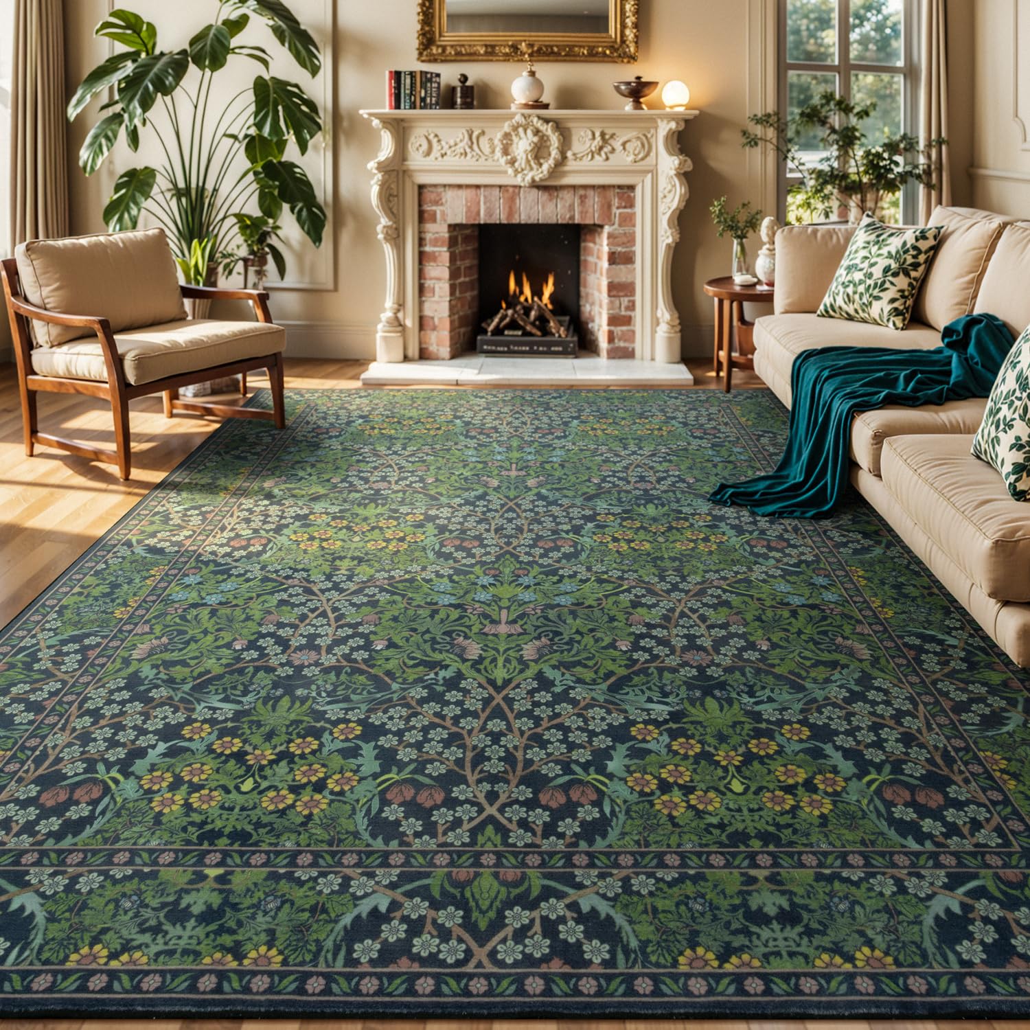 Photo 1 of Lessymo Floral Living Room Rug 8x10 Area Rugs, Vintage Forest Washable Rugs for Dining Room Bedroom, Low Pile Non Slip Rubber Green Mat, Distressed Retro Indoor Boho Carpet, Forest Green