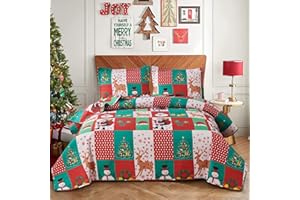 GREEN ESSEN Red Green White Christmas Santa Quilts King Size Xmas Reindeer Snowmen Bedding Christmas Tree Bells Xmas Bedspread New Year Coverlet