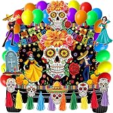 37Pcs Day of The Dead Trunk or Treat Car Decoration Kit Dia De Los Muertos Decorations Halloween Car Decor Mexican Party Paper Cutouts Carnival Backdrop Balloon for SUV Garage Door Wall Window Archway