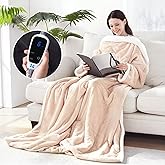 Sealy Electric Blanket Wearable with Foot Pocket, Electric Snuggle Blanket with Sleeves, Flannel & Sherpa Heating Throw with 6 Heat Settings & 2-10 Hours Auto Shut Off, 50 * 70"+18" Beige