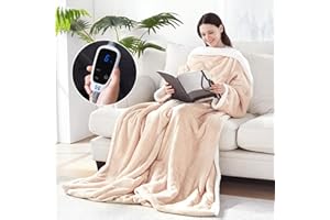 Sealy Electric Blanket Wearable with Foot Pocket, Electric Snuggle Blanket with Sleeves, Flannel & Sherpa Heating Throw with 6 Heat Settings & 2-10 Hours Auto Shut Off, 50 * 70"+18" Beige