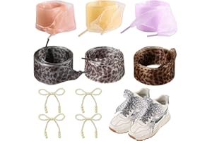JIEYUMAO Ribbon Shoelaces, 6 Pairs Leopard Print Shoelaces with Charms for Women, 6 Colors Cheetah Shoe Laces Replacement Sat