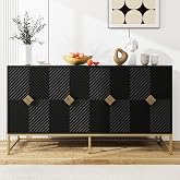 YHAOWORKS Sideboard Buffet Cabinet with Storage - Accent Storage Cabinet with Doors, Wood 4 Doors Cabinet with Metal Legs, 60" Buffets &amp; Sideboards, Modern Credenza for Living Room (Black)