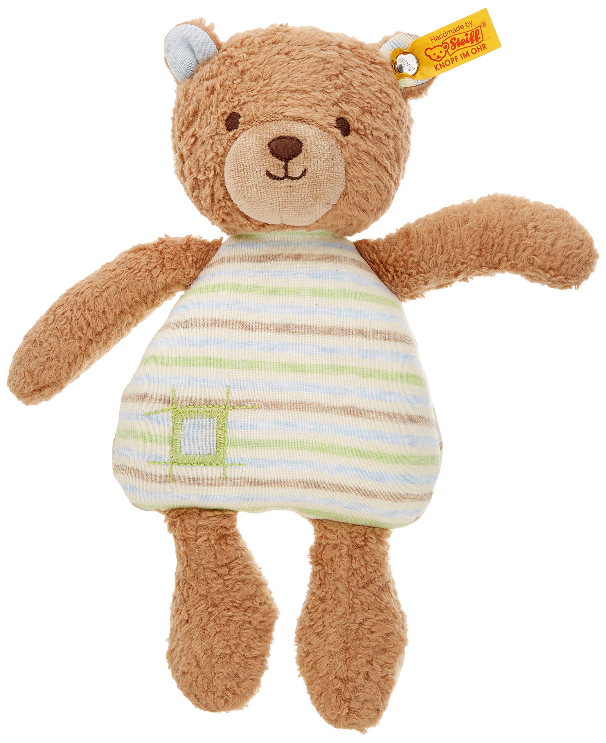 Steiff 242212 Teddy Bear Rudy, Plush Bear Teddy 24 cm, Toy for Babies, GOTS Plush Toy for Cuddling & Playing, Original Soft Toy with Button in Ear, Cuddly Toy Washable, Light Brown/Blue, Brown