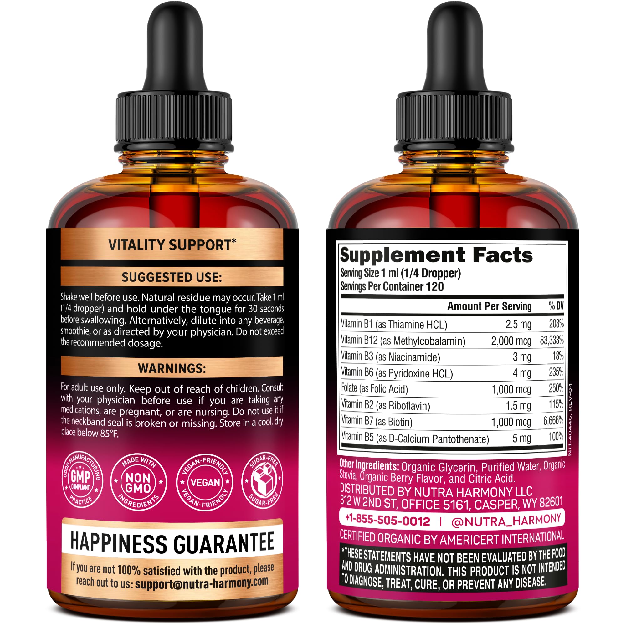 USDA Organic Vitamin B-Complex B5 Pantothenic Acid | B12 Methylcobalamin | B1 Thiamine | B6 Pyridoxine | B7 Biotin | B9 Folic | B3 Niacinamide - B Complex Liquid Drops, Made in USA Supplement, 4fl oz