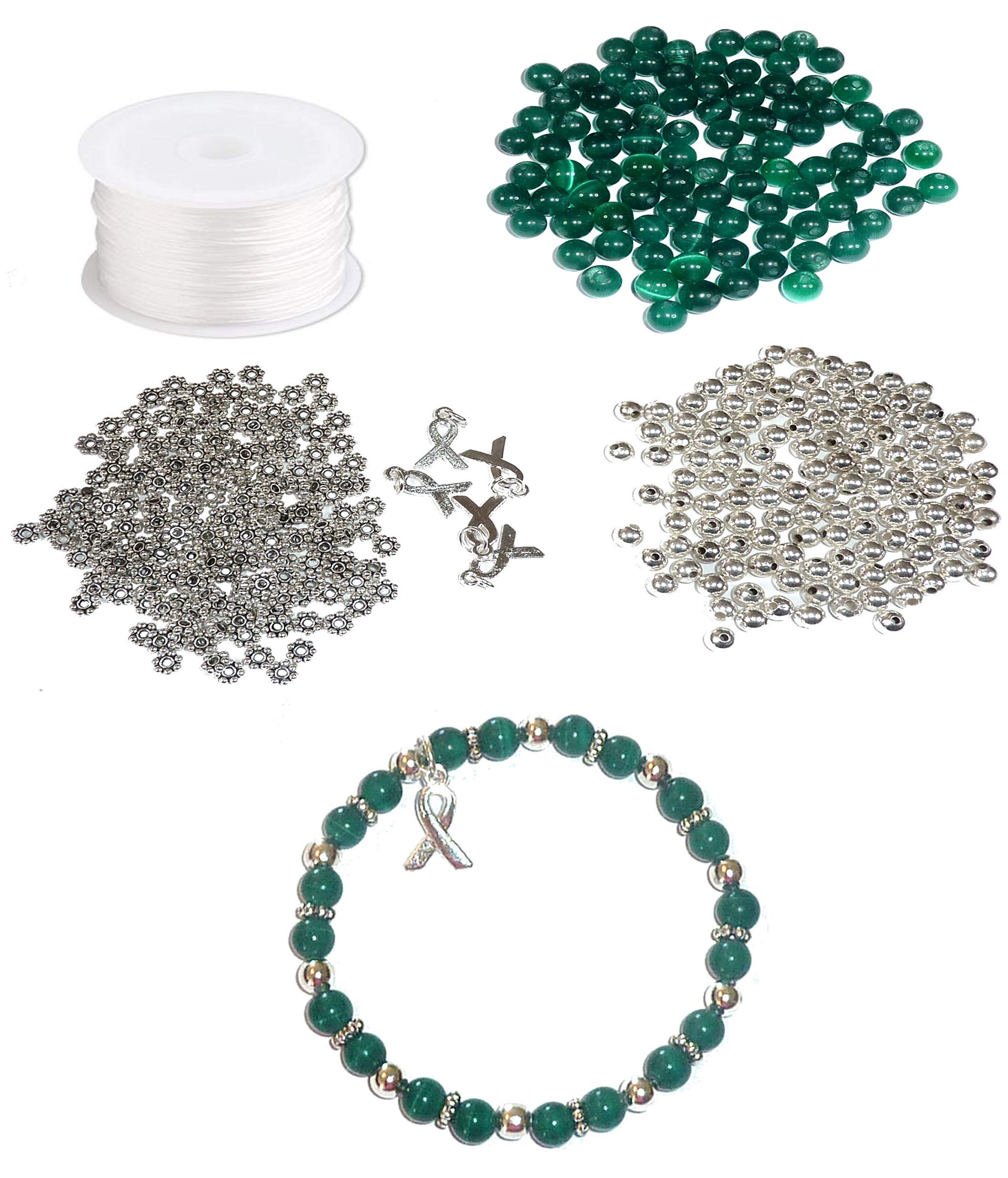 Hidden Hollow Beads DIY Craft Kit, Everything To Make Cancer Awareness Bracelets, Uses Stretch Cord, For Fundraising and Gifts (Renal/Kidney -Forest Green,Makes 5),Makes 5, Stretch Cord and Beads